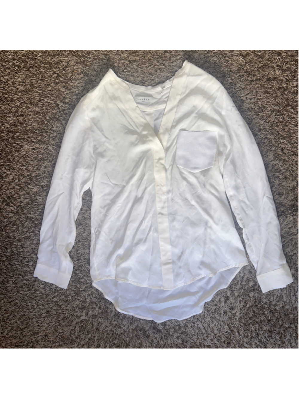 Women's Sandro Long Sleeve V Neck Silk Shirt White Size Small 2
